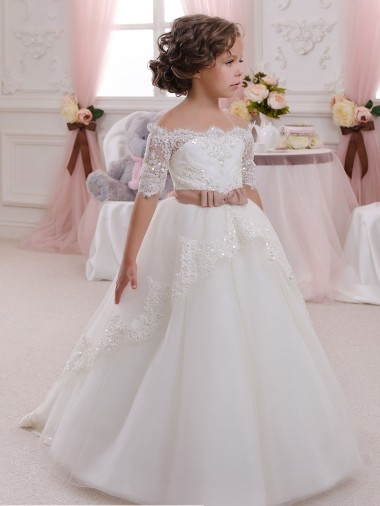 Tulle & Lace Keyhole Back Long High Neck Ball Gown Flower Girl Dresses Sudbury
