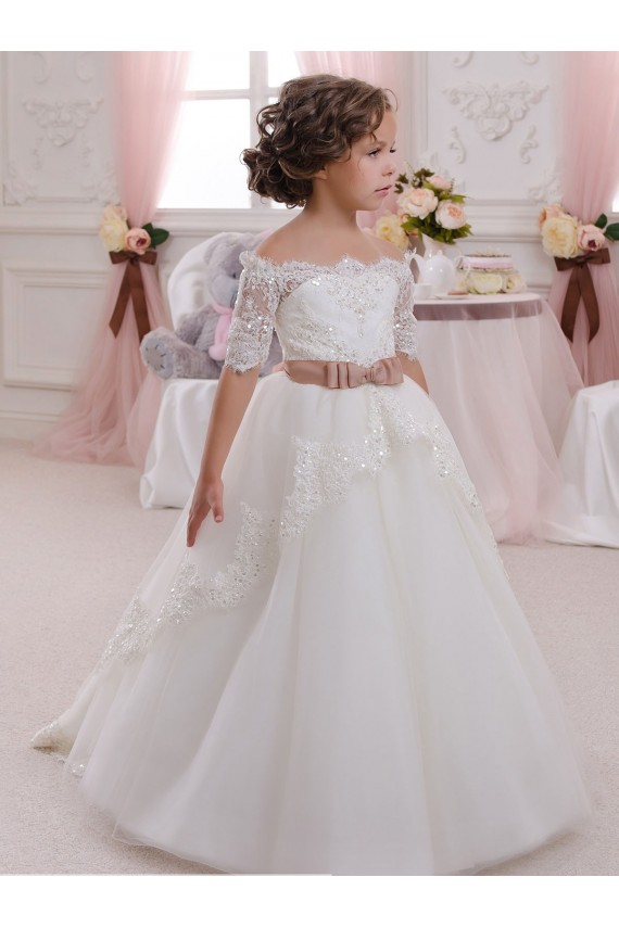 Tulle & Lace Keyhole Back Long High Neck Ball Gown Flower Girl Dresses Sudbury