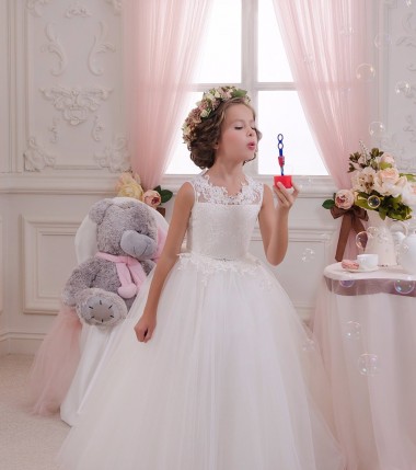Tulle & Lace Keyhole Back Long High Neck Ball Gown Little Flower Girl Dresses Sudbury