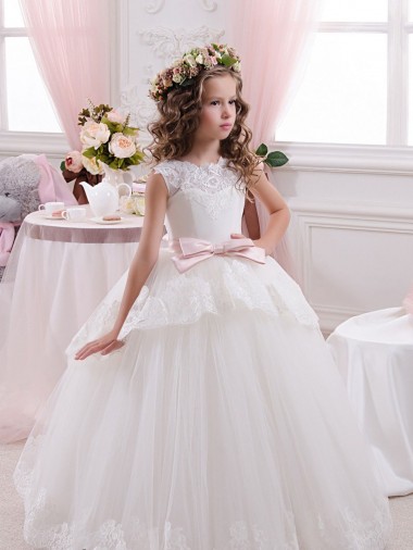 Tulle & Lace V-Back Chapel Train Sweetheart Ball Gown Flower Girl Dress for Wedding Sudbury