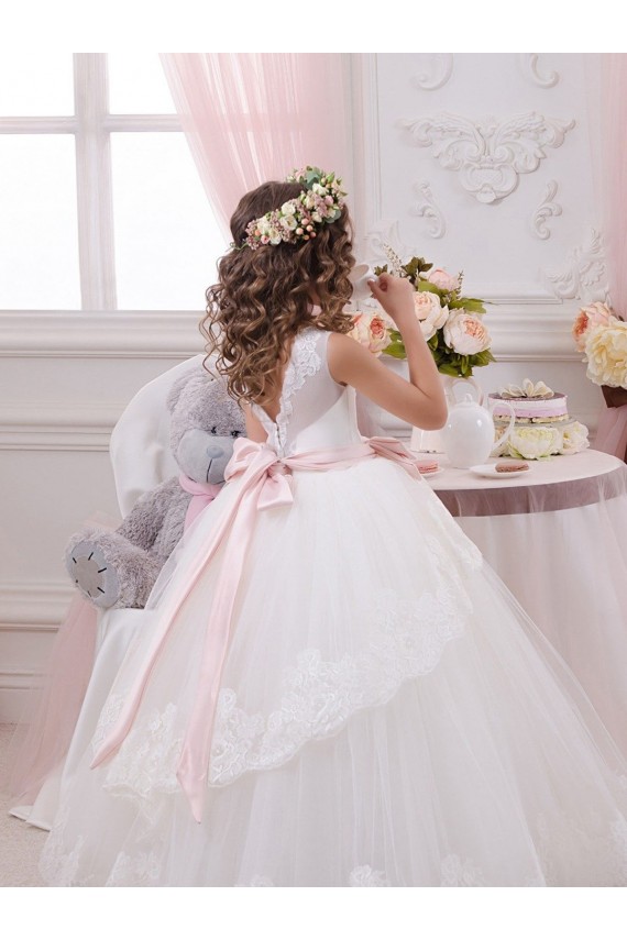 Tulle & Lace V-Back Chapel Train Sweetheart Ball Gown Flower Girl Dress for Wedding Sudbury