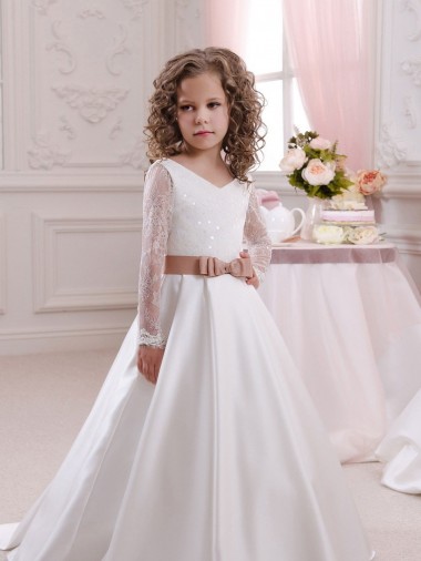 Satin & Lace Chapel Train V-Neck Ball Gown Flower Girl Dress Sudbury