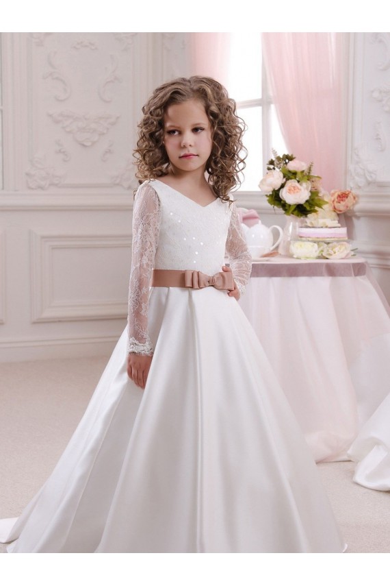 Satin & Lace Chapel Train V-Neck Ball Gown Flower Girl Dress Sudbury