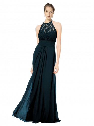Soft Chiffon & Lace Keyhole Back Long Halter Neck A-Line Formal Dress / Bridesmaid Dress Sudbury
