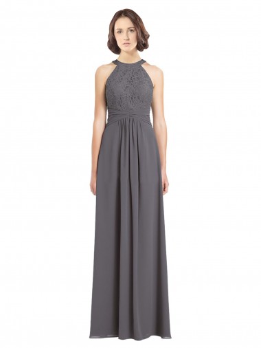Soft Chiffon & Lace Long Halter Neck A-Line Bridesmaid Dress Sudbury