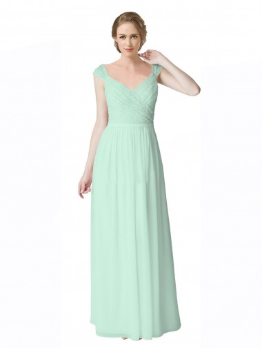 Soft Chiffon & Lace V-Back Long V-Neck Mint Green A-Line Bridesmaid Dress Sudbury