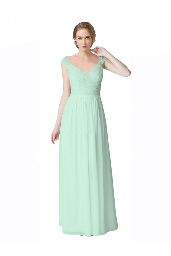 Soft Chiffon & Lace V-Back Long V-Neck Mint Green A-Line Bridesmaid Dress Sudbury