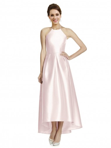 Satin Criss Cross Open Back Long Spaghetti Straps A-Line High Low Bridesmaid Dress Sudbury