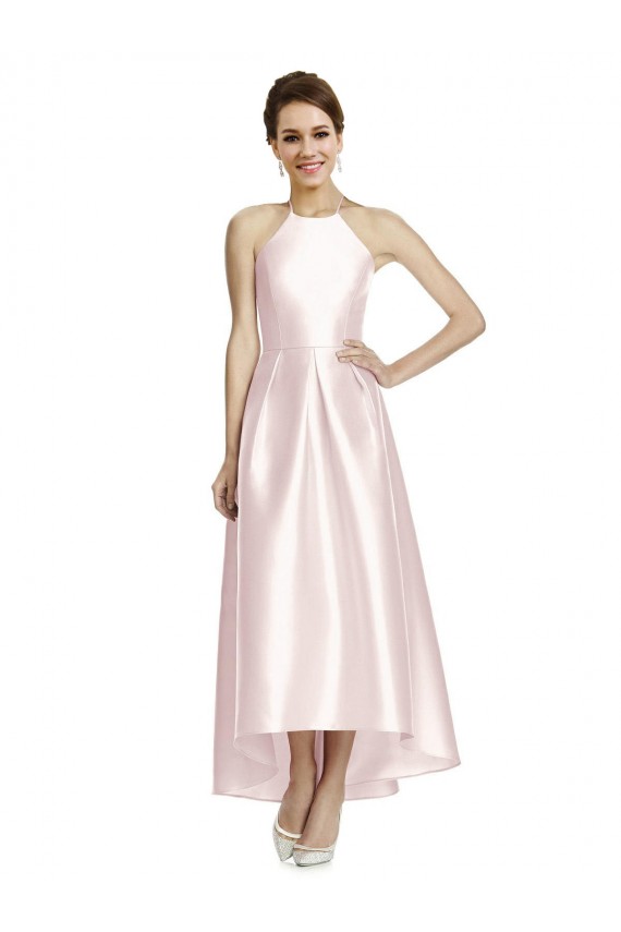 Satin Criss Cross Open Back Long Spaghetti Straps A-Line High Low Bridesmaid Dress Sudbury