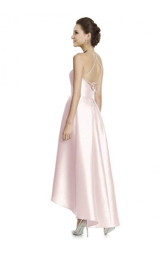 Satin Criss Cross Open Back Long Spaghetti Straps A-Line High Low Bridesmaid Dress Sudbury