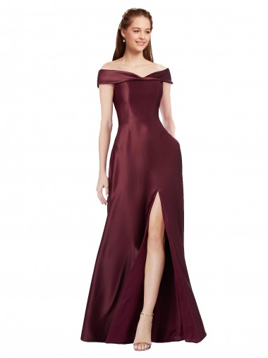 Satin Long Off the Shoulder Burgundy Gold A-Line Black Tie Evening Gown / Prom Dress / Bridesmaid Dress Sudbury