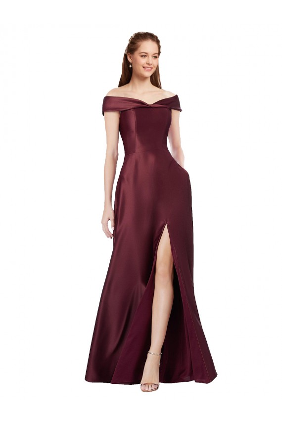 Satin Long Off the Shoulder Burgundy Gold A-Line Black Tie Evening Gown / Prom Dress / Bridesmaid Dress Sudbury