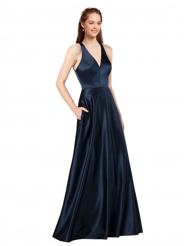 Satin Keyhole Back Long V-Neck A-Line Formal Evening Gown / Prom Dress / Bridesmaid Dress Sudbury