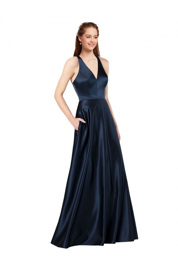 Satin Keyhole Back Long V-Neck A-Line Formal Evening Gown / Prom Dress / Bridesmaid Dress Sudbury