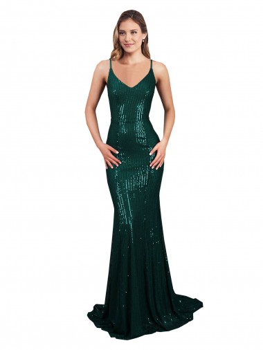 Sequin Low Back Long V-Neck Dark Green Mermaid Formal Evening Gown / Prom Dress / Bridesmaid Dress Sudbury