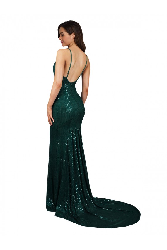 Sequin Low Back Long V-Neck Dark Green Mermaid Formal Evening Gown / Prom Dress / Bridesmaid Dress Sudbury