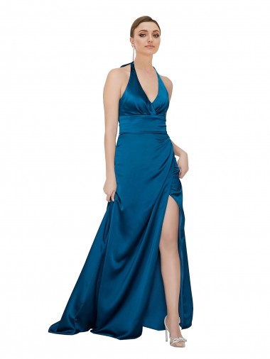 Silk like Satin Open Back Long Halter Neck Peacock Blue A-Line Formal Evening Gown / Prom Dress / Bridesmaid Dress Sudbury
