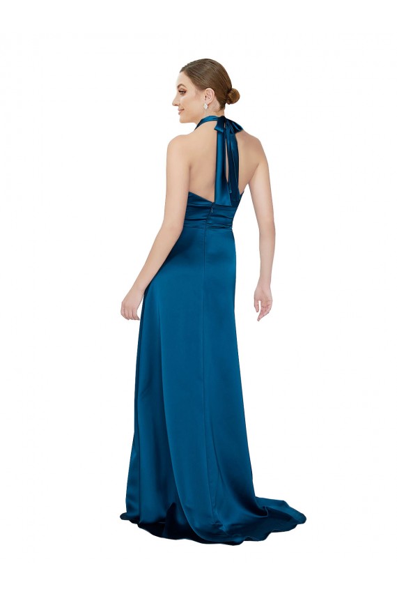 Silk like Satin Open Back Long Halter Neck Peacock Blue A-Line Formal Evening Gown / Prom Dress / Bridesmaid Dress Sudbury