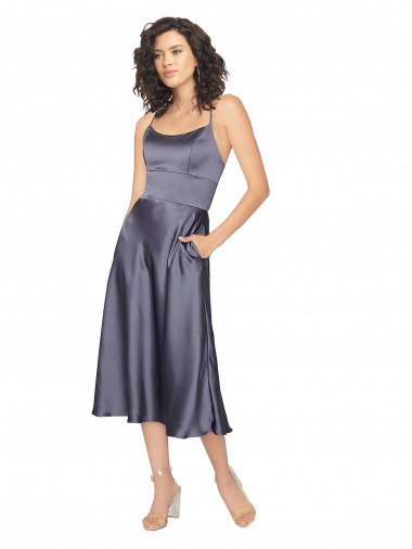 Silk like Satin Criss Cross Back Midi Length Scoop Neck A-Line Prom Dress / Bridesmaid Dress Sudbury