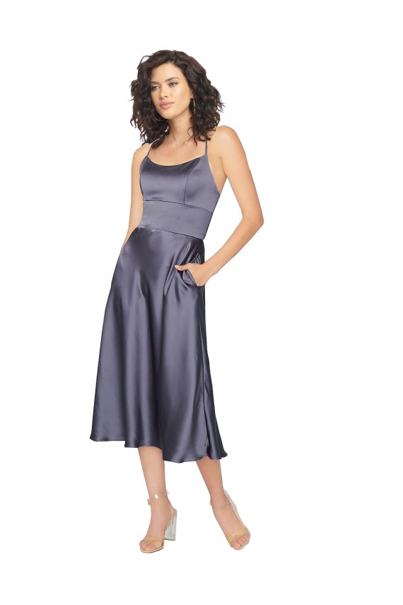 Silk like Satin Criss Cross Back Midi Length Scoop Neck A-Line Prom Dress / Bridesmaid Dress Sudbury