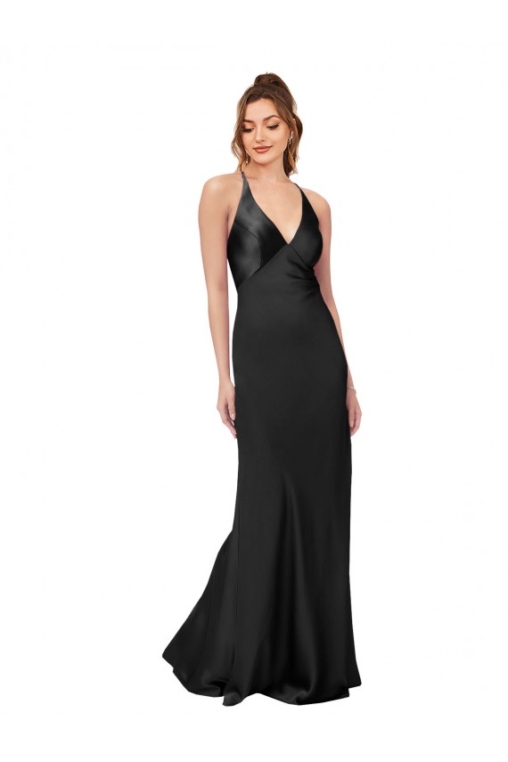 Silk like Satin Criss Cross Back Long V-Neck Sheath Black Tie Evening Gown / Prom Dress / Bridesmaid Dress Sudbury