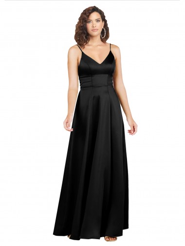 Silk like Satin V-Back Long V-Neck Black A-Line Formal Evening Gown / Prom Dress / Bridesmaid Dress Sudbury