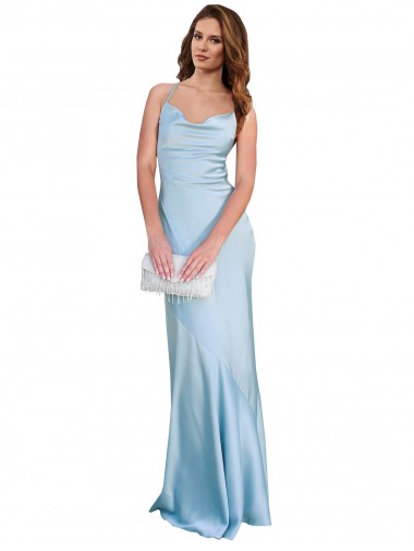Silk like Satin Criss Cross Open Back Long Cowl Neck Light Sky Blue Sheath Formal Evening Gown / Prom Dress / Bridesmaid Dress Sudbury