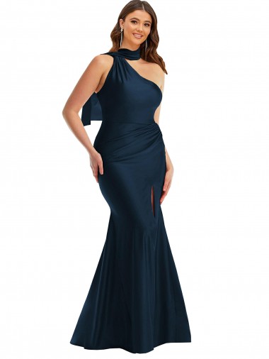 Silk like Satin Long One Shoulder Dark Navy Mermaid Formal Plus Size Evening Gown / Prom Dress / Bridesmaid Dress Sudbury