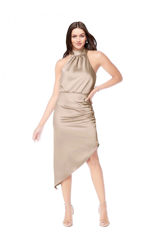Silk like Satin Midi Length Halter Neck A-Line High Low Prom Dress / Bridesmaid Dress Sudbury