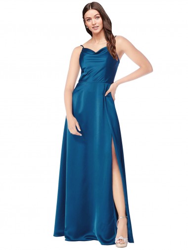 Silk like Satin Low Back Long Spaghetti Straps Peacock Blue A-Line Formal Evening Gown / Prom Dress / Bridesmaid Dress Sudbury