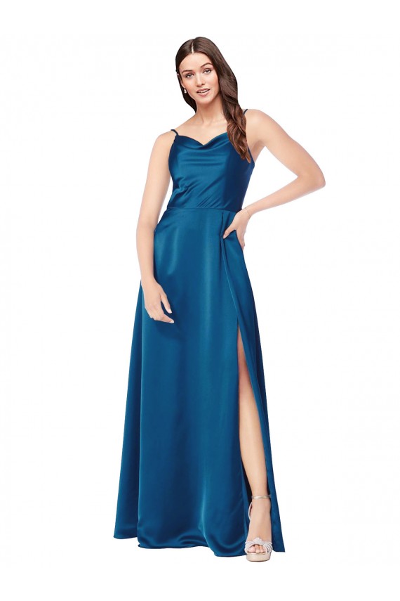 Silk like Satin Low Back Long Spaghetti Straps Peacock Blue A-Line Formal Evening Gown / Prom Dress / Bridesmaid Dress Sudbury