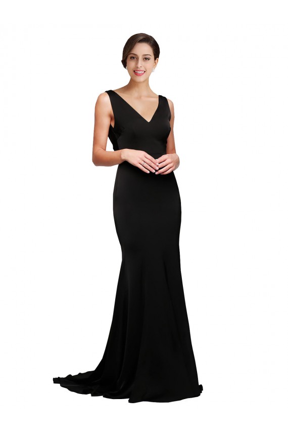 Silk like Satin Low Back Sweep Train V-Neck A-Line Formal Evening Gown / Prom Dress / Bridesmaid Dress Sudbury