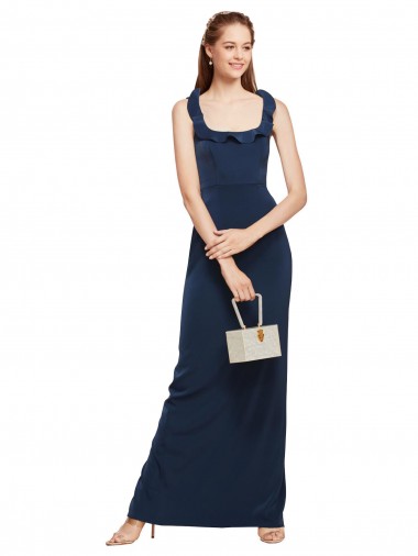 Stretch Crepe Low Back Long Scoop Neck Dark Navy Sheath Formal Evening Gown / Prom Dress / Bridesmaid Dress Sudbury