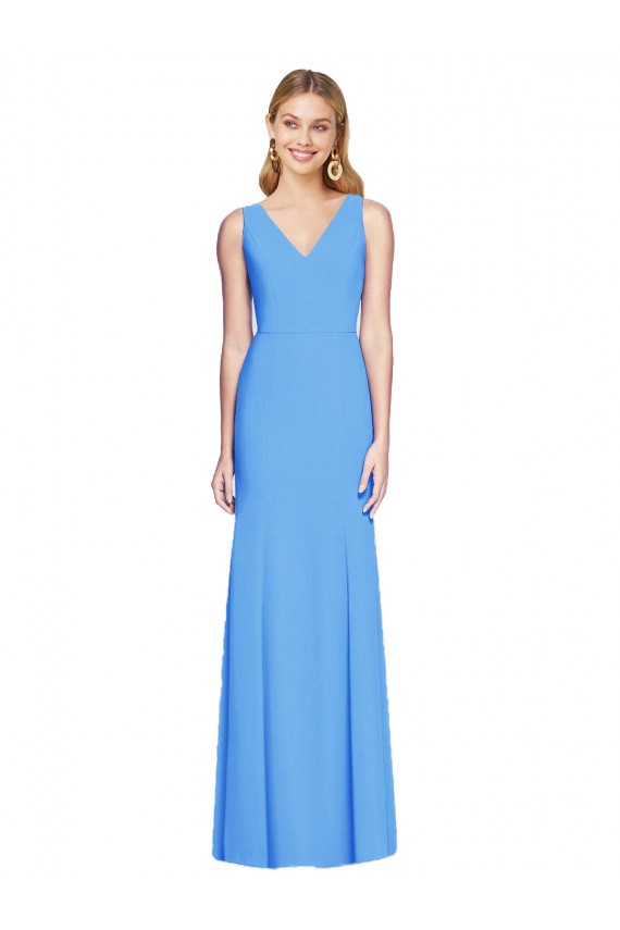 Stretch Crepe Keyhole Back Long V-Neck Peacock Blue Trumpet Semi Formal Evening Dress / Prom Dress / Bridesmaid Dress Sudbury