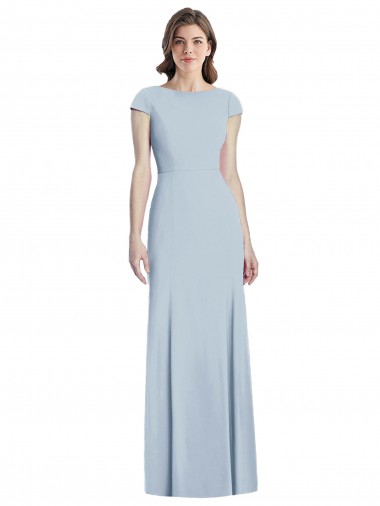 Stretch Crepe Open Back Long Bateau Neck Light Sky Blue Trumpet Formal Dress / Bridesmaid Dress Sudbury