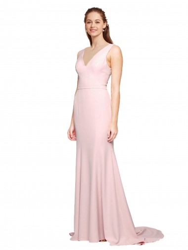 Stretch Crepe V-Back Sweep Train V-Neck A-Line Black Tie Evening Dress / Prom Dress / Bridesmaid Dress Sudbury