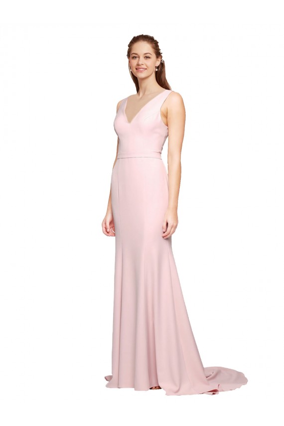 Stretch Crepe V-Back Sweep Train V-Neck A-Line Black Tie Evening Dress / Prom Dress / Bridesmaid Dress Sudbury