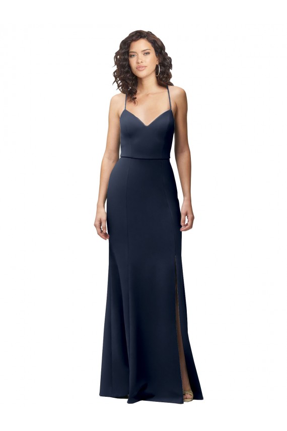 Stretch Crepe Criss Cross Back Long Spaghetti Straps Sheath Formal Evening Gown / Prom Dress / Bridesmaid Dress Sudbury