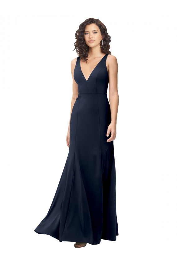 Stretch Crepe V-Back Long V-Neck Dark Navy A-Line Formal Dress / Bridesmaid Dress Sudbury