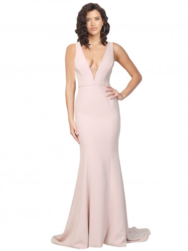 Stretch Crepe V-Back Sweep Train V-Neck Sheath Black Tie Evening Gown / Prom Dress / Bridesmaid Dress Sudbury