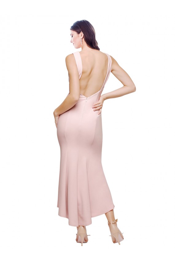 Stretch Crepe Low Back Midi Length High Neck Sheath High Low Evening Gown / Prom Dress / Bridesmaid Dress Sudbury