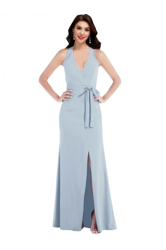 Stretch Crepe Open Back Long Halter Neck Light Sky Blue A-Line Formal Evening Gown / Prom Dress / Bridesmaid Dress Sudbury