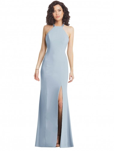 Stretch Crepe Criss Cross Back Long Halter Neck Light Sky Blue Trumpet Formal Evening Gown / Prom Dress / Bridesmaid Dress Sudbury