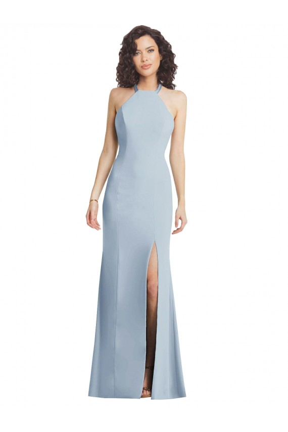 Stretch Crepe Criss Cross Back Long Halter Neck Light Sky Blue Trumpet Formal Evening Gown / Prom Dress / Bridesmaid Dress Sudbury