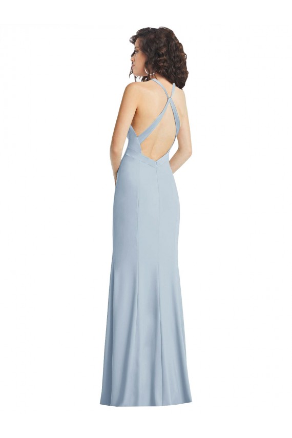 Stretch Crepe Criss Cross Back Long Halter Neck Light Sky Blue Trumpet Formal Evening Gown / Prom Dress / Bridesmaid Dress Sudbury