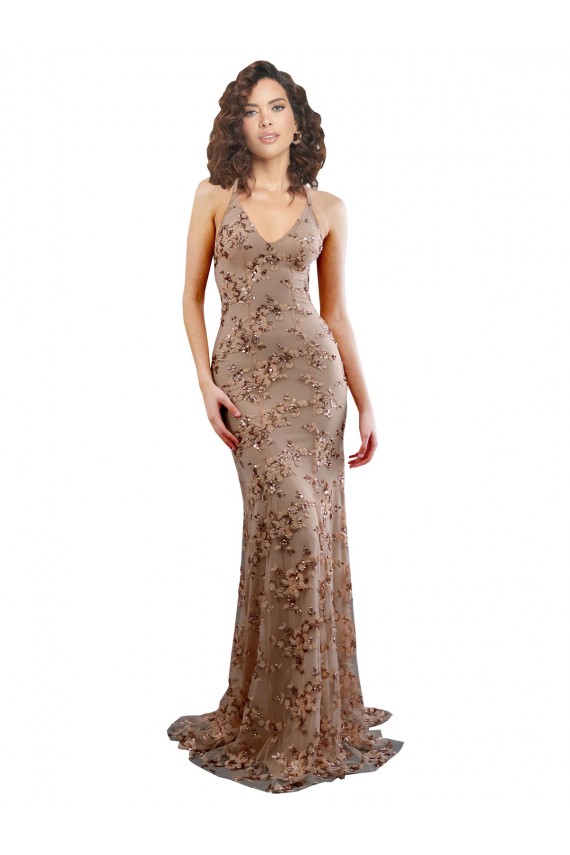 Stretch Crepe & Sequin Tulle Backless Long V-Neck Rose Gold Mermaid Formal Evening Gown / Prom Dress / Bridesmaid Dress Sudbury