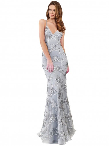 Stretch Crepe & Sequin Tulle Backless Long V-Neck Silver Mermaid Formal Evening Gown / Prom Dress / Bridesmaid Dress Sudbury