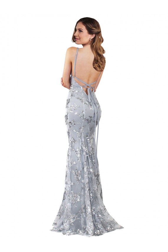 Stretch Crepe & Sequin Tulle Backless Long V-Neck Silver Mermaid Formal Evening Gown / Prom Dress / Bridesmaid Dress Sudbury