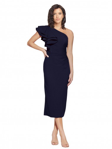 Stretch Crepe Midi Length One Shoulder Dark Navy Sheath Formal Evening Gown / Prom Dress / Bridesmaid Dress Sudbury