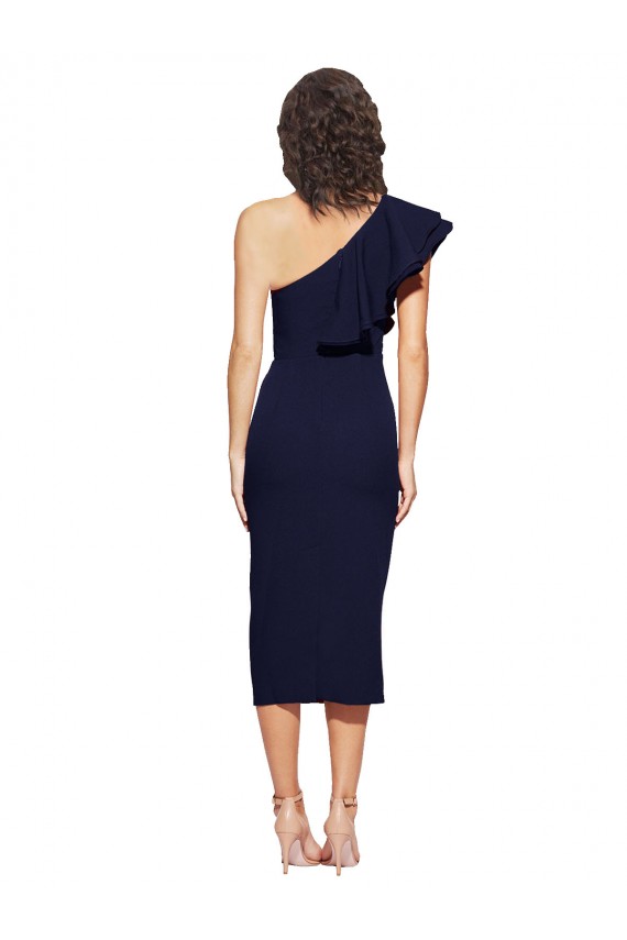Stretch Crepe Midi Length One Shoulder Dark Navy Sheath Formal Evening Gown / Prom Dress / Bridesmaid Dress Sudbury